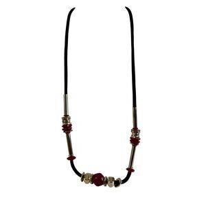 Red, gold and black cord Chico necklace.  38”